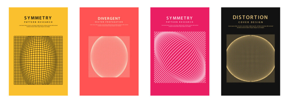 Set of modern abstract poster templates with 3D distorted sphere grids, optical line patterns, and bold typography vector