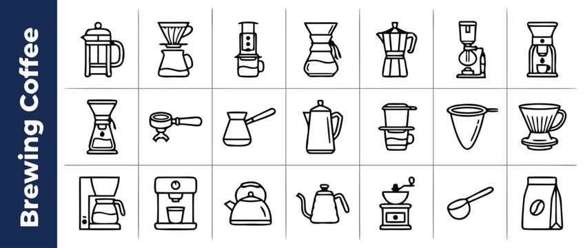 Coffee Brewing Methods and Equipment Icon Set Featuring French Press, Moka Pot, Chemex, AeroPress, Syphon, Espresso Machine, Grinder, Kettle, and Pour Over Tools for Barista and Home Coffee Brewing