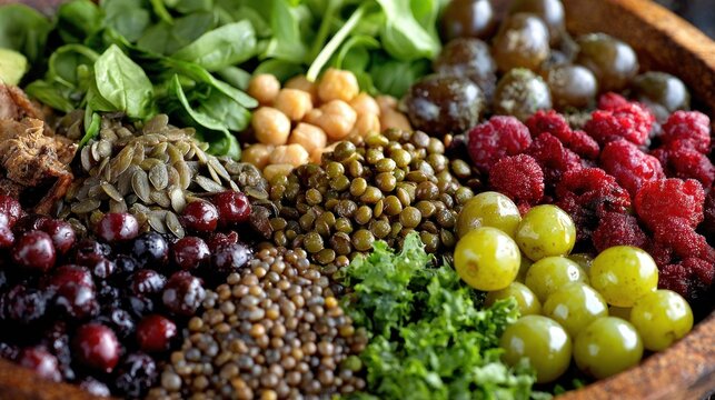 Assortment of nutrient-dense whole foods artfully arranged in a circular container