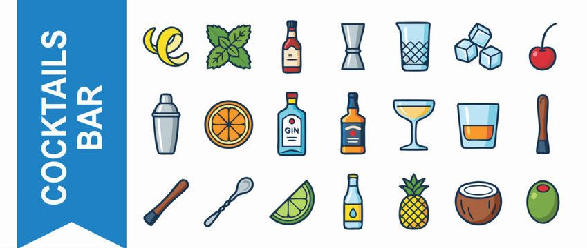 Professional Cocktail Bar Icon Set with Bartender Tools, Glassware, and Ingredients. Flat Vector Illustration of Shaker, Jigger, Gin, Whiskey, Bitters, Lime, Lemon, Mint, Pineapple, and Coconut.