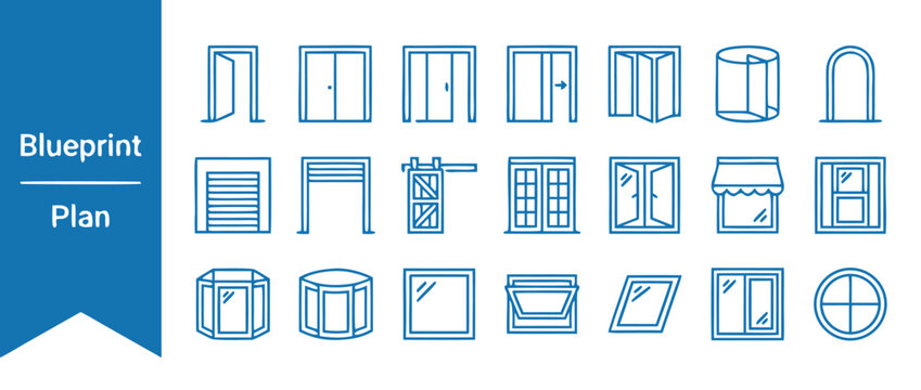 Architectural Blueprint Plan Icons Set: Vector Line Symbols for Various Doors and Windows like Sliding, Folding, Revolving, Garage, Barn, French, Casement, Bay, Bow, and Picture Windows.