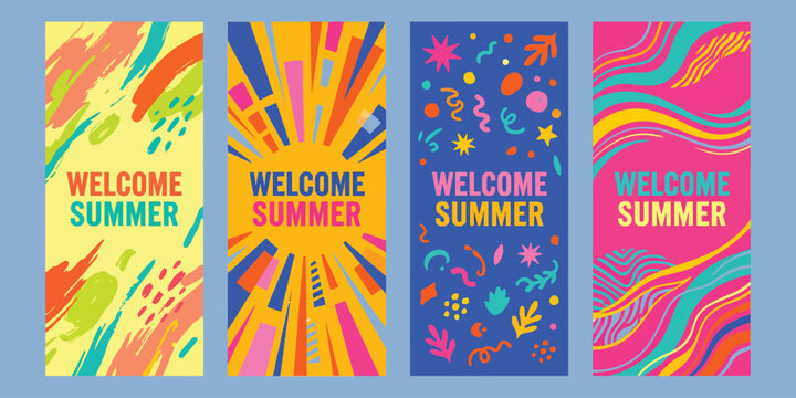 Set of four vertical banners with colorful abstract patterns and the text welcome summer written in a modern style for seasonal design and promotion