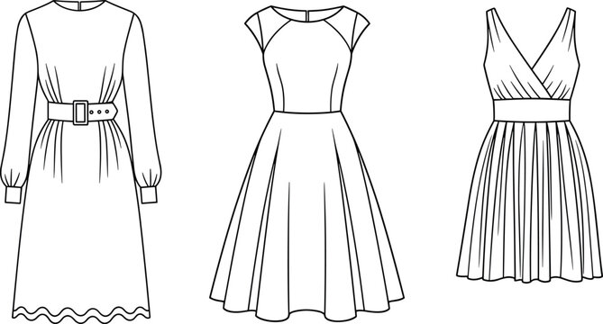 Fashion technical sketch collection of female dresses vector illustration set for clothing design template and apparel manufacturing documentation