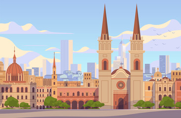 Obraz premium Guadalajara city skyline Mexico tourism landmarks cathedral colonial architecture modern buildings trees mountains urban landscape banner