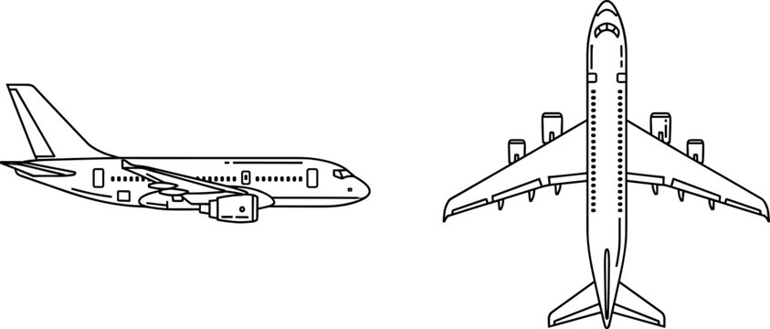 Airplane icon set featuring detailed top and side view linear sketches of commercial passenger jet airliner for aviation travel vector