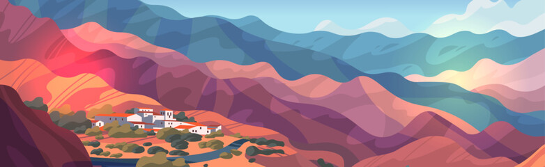 Fototapeta na wymiar Northwest Argentina mountains colorful landscape village hills scenic layered peaks vibrant sky rural houses nature travel destination