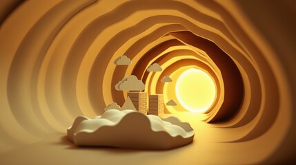 Fototapeta premium Papercraft city inside tunnel. Warm tones dominate scene, creating cozy atmosphere. Light source visible end passage.