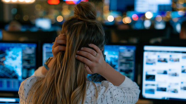 Young social media moderator at a bank of monitors in a dimly lit content review office over-the-shoulder view of flagged posts on screen head in hands capturing the psychological toll and editorial