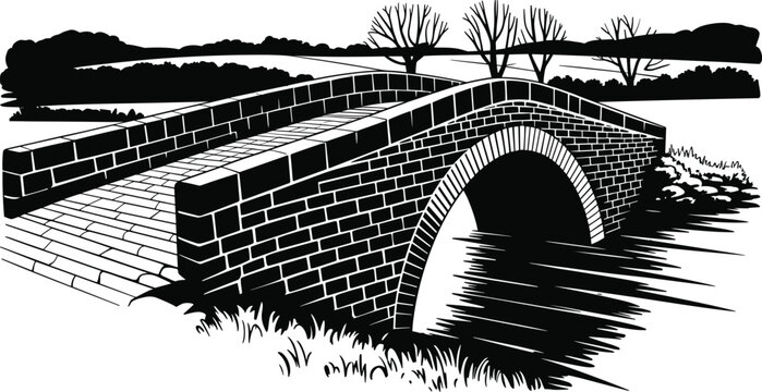 Historic stone arch bridge silhouette, rural countryside landscape and traditional masonry architecture illustration
