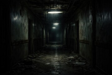 Fototapeta premium Dark abandoned hallway with flickering lights eerie shadows and haunted horror atmosphere scene