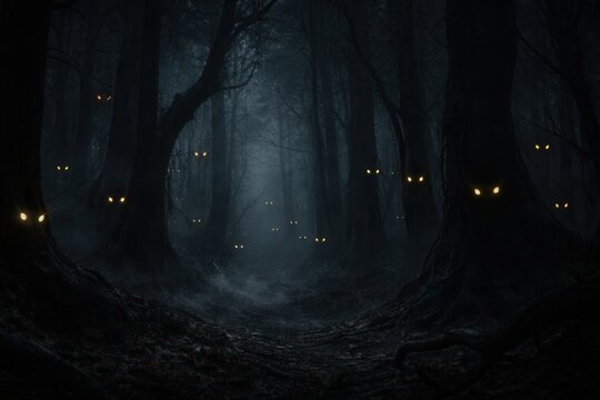 Creepy dark forest pathway with glowing eyes hiding in shadowy haunted woodland at night