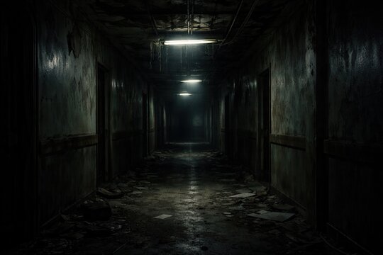 Dark abandoned hallway with flickering lights eerie shadows and haunted horror atmosphere scene