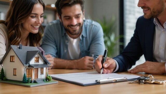 Happy couple signing home purchase agreement with real estate agent and house model on table