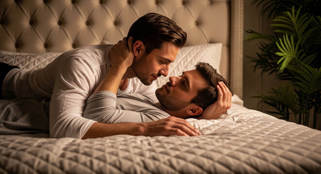 Two men in an intimate embrace on a bed, showcasing affection and connection, symbolizing love and companionship
