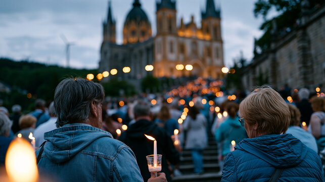 Crowd of pilgrims ascending stone steps toward a hilltop basilica at dusk, candles in hand, blue hour sky above, Catholic pilgrimage faith journey tradition communal worship sacred site devotion pro