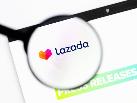Milan, Italy 2026, 20 Apr Closeup of Lazada Fashion website on a laptop screen. Lazada Fashion logo under a magnifying glass.