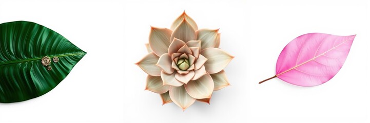 Fototapeta premium Floral arrangement features three leaves, green, beige succulent, pink. Minimalist composition, clean background, botanical elements.