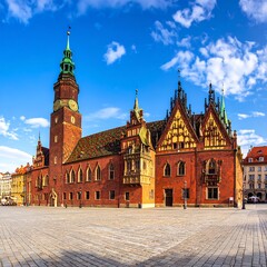 Fototapeta premium A large, red brick building with a tall tower and ornate architecture stands on a cobblestone square against a blue sky with clouds