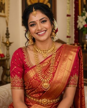 Smiling Indian woman in traditional saree adorned with gold jewelry during festive celebration event