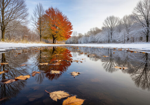 Vibrant orange autumn tree reflecting in a calm water pond surrounded by fresh white snow in winter
