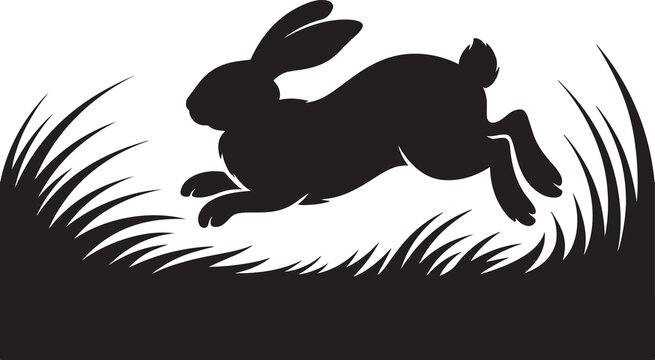 Black silhouette of a jumping rabbit running through tall grass on a white background