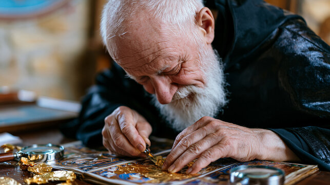 Elderly monk carefully applying gold leaf to an illuminated manuscript page in a monastery scriptorium, magnifying glass nearby, religious art calligraphy sacred text creation devotion craftsmanship