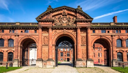 Obraz premium A large red brick building with three archways and a triangular pediment