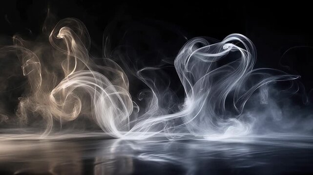 Abstract white smoke forming heart shapes on dark background with ethereal flowing vapor effect