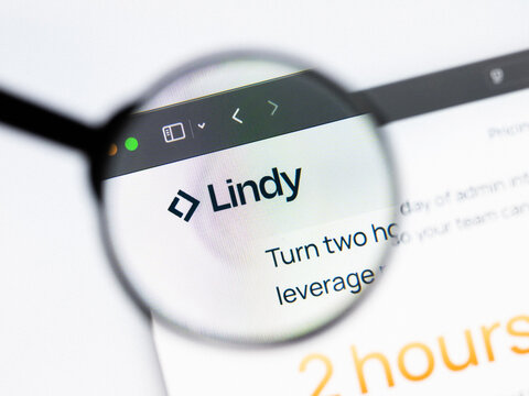 Milan, Italy 2026, 20 Apr Closeup of Lindy website on a laptop screen. Lindy logo under a magnifying glass.