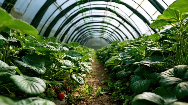 Lush greenhouse tunnel with strawberry plants. Rows of glossy leaves under curved plastic canopy, damp soil path leading to distant vanishing point, subtle morning mist and controlled humidity, drip