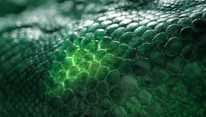 Naklejka premium Detailed macro photograph of luminous green reptilian scales across a curved animal skin surface, capturing layered edges, soft highlights, natural texture, and an abstract organic pattern