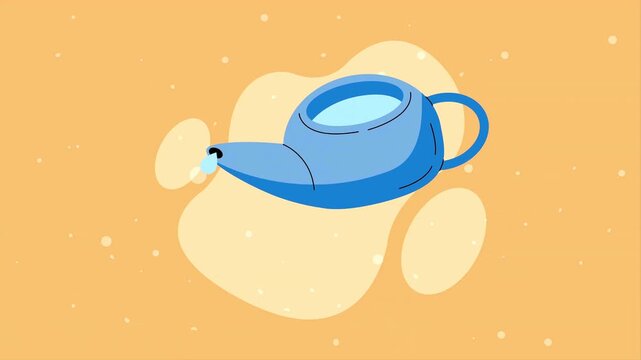 Neti pot animation dripping water drops on a warm pastel background for nasal irrigation and sinus cleansing.