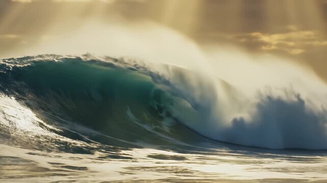 A powerful ocean wave crashes under dramatic golden light.