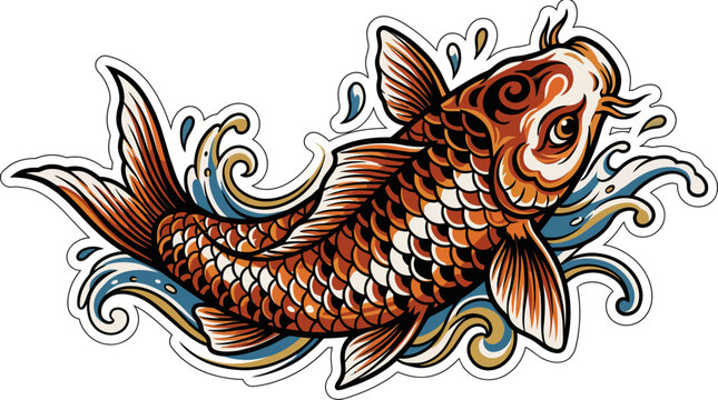 Vibrant orange koi fish illustration with flowing fins and blue waves in a traditional tattoo art style.