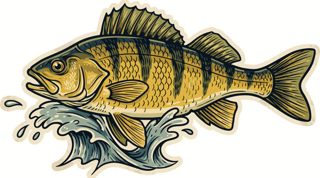 Cartoon illustration of a striped bass leaping from the water with splash, vibrant yellow and black stripes