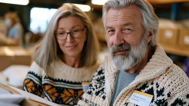 Retired missionary couple organizing donated medical supplies in a church storeroom, mission trips global health faith outreach humanitarian service elderly volunteerism community compassion religio
