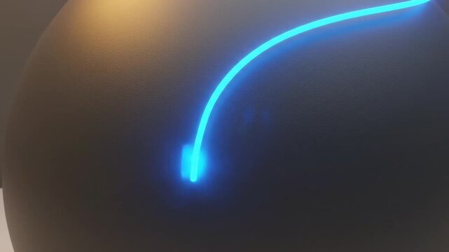 A minimalist 3D animation shows a glowing blue line racing across a matte black sphere. The camera zooms in as the light intensifies, eventually bursting into a spray of shimmering blue particles.