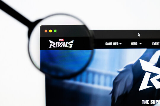 Milan, Italy 2026, 20 Apr Closeup of Marvel Rivals website on a laptop screen. Marvel Rivals logo under a magnifying glass.