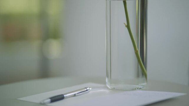 Orange Rose in Glass Vase with Note and Pen