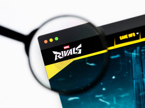 Milan, Italy 2026, 20 Apr Closeup of Marvel Rivals website on a laptop screen. Marvel Rivals logo under a magnifying glass.