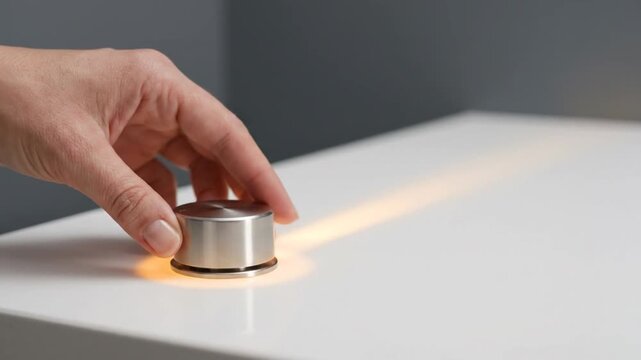 A hand turns a sleek, metallic cylindrical lamp on a white table, activating a warm beam of light across the surface. This showcases a minimalist design and intuitive user interaction.