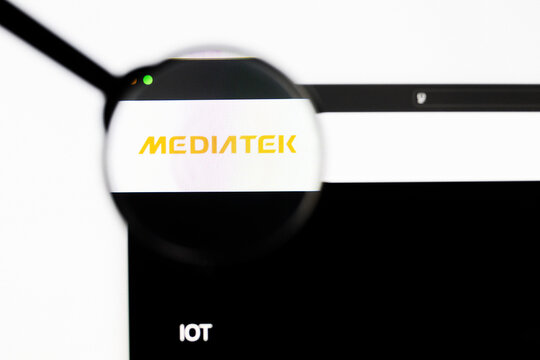 Milan, Italy 2026, 20 Apr Closeup of MediaTek website on a laptop screen. MediaTek logo under a magnifying glass.