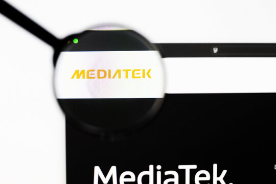Milan, Italy 2026, 20 Apr Closeup of MediaTek website on a laptop screen. MediaTek logo under a magnifying glass.