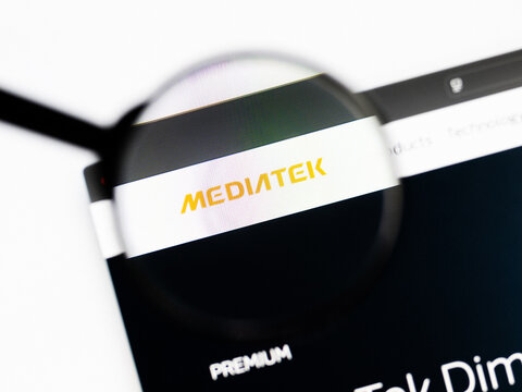Milan, Italy 2026, 20 Apr Closeup of MediaTek website on a laptop screen. MediaTek logo under a magnifying glass.