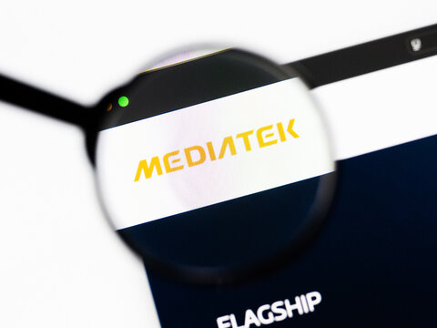 Milan, Italy 2026, 20 Apr Closeup of MediaTek website on a laptop screen. MediaTek logo under a magnifying glass.