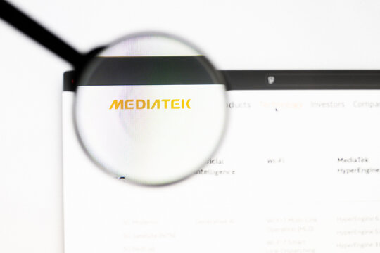 Milan, Italy 2026, 20 Apr Closeup of MediaTek website on a laptop screen. MediaTek logo under a magnifying glass.