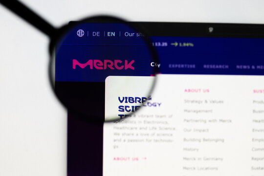 Milan, Italy 2026, 20 Apr Closeup of Merck KGaA website on a laptop screen. Merck KGaA logo under a magnifying glass.