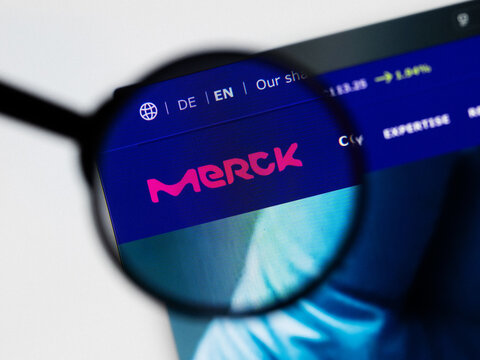 Milan, Italy 2026, 20 Apr Closeup of Merck KGaA website on a laptop screen. Merck KGaA logo under a magnifying glass.