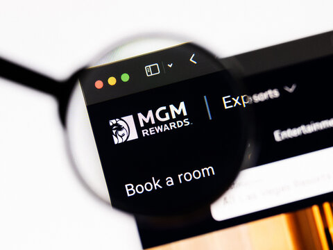 Milan, Italy 2026, 20 Apr Closeup of mgm rewards website on a laptop screen. mgm rewards logo under a magnifying glass.