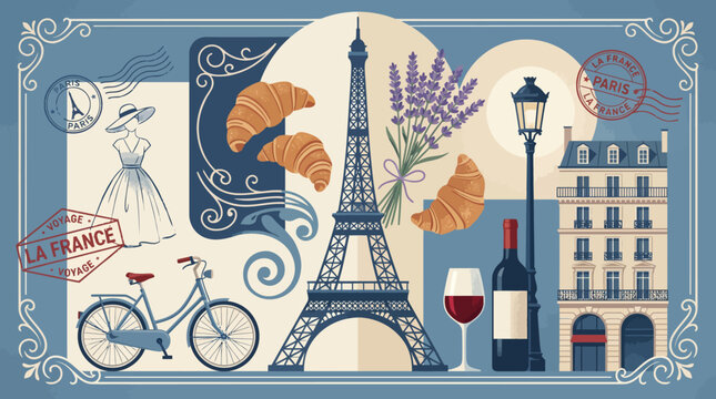 Whimsical Parisian postcard collage featuring the Eiffel Tower, lavender, croissant, wine, bicycle, lampposts and a charming street scene